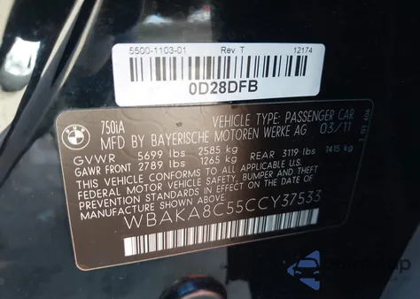 2012 BMW 750I from USA, damaged, VIN WBAKA8C55CCY37533